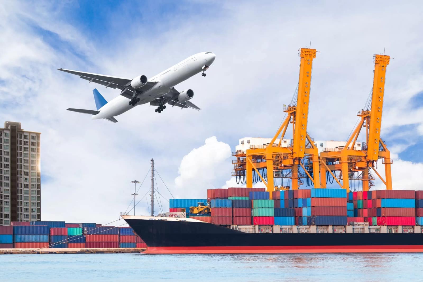 A split image showing an airplane taking off on one side and a cargo ship sailing on the other, symbolizing air and sea freight options.