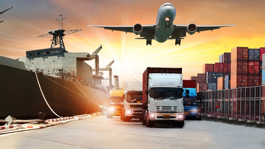 Logistics Services, having container ship at one side, plane for air freight services and Delivery Trucks for sending parcels via road