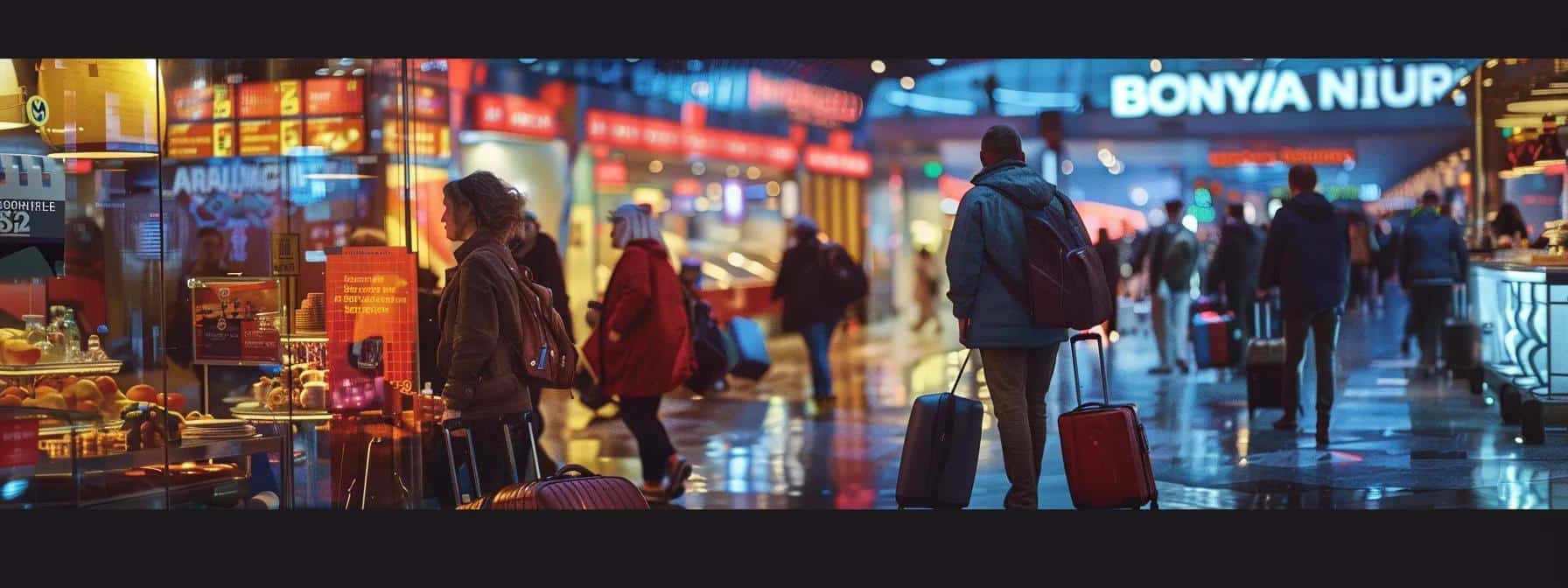 a vibrant scene at manchester airport showcases delighted customers with their luggage, surrounded by clear signage about customs clearance timelines and a bustling atmosphere of excitement and anticipation.