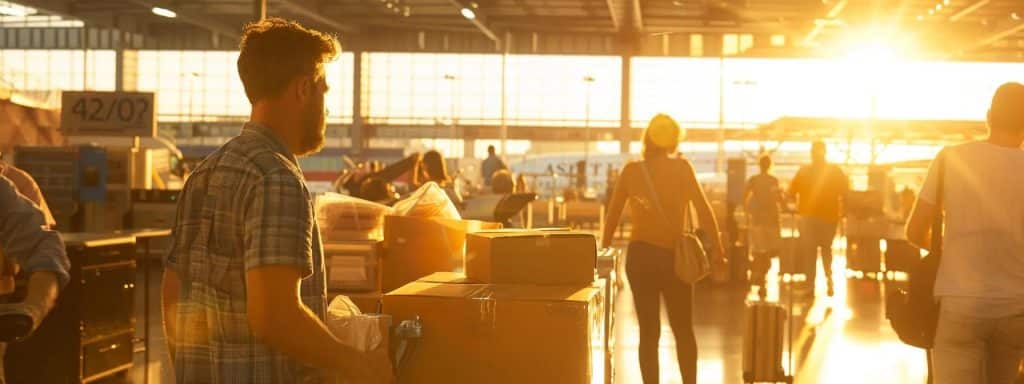 a vibrant scene at manchester airport showcases satisfied travellers joyfully receiving their belongings after a seamless customs clearance, with the bustling terminal in the background illuminated by soft, golden morning light.