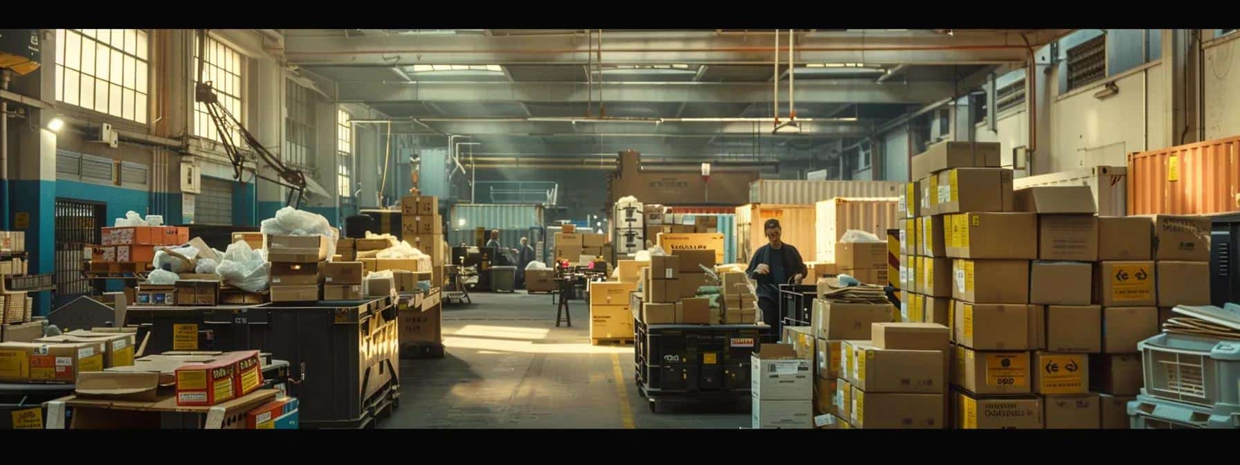 a bustling uk customs office, where serious officials meticulously examine imported goods amidst a backdrop of vibrant, stacked shipping containers.