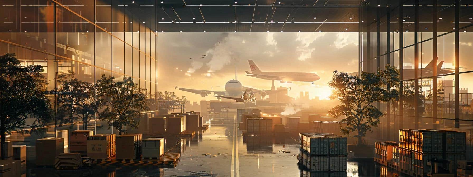 a sleek, modern logistics hub set in an urban landscape, showcasing a cargo ship and a jet simultaneously departing, with neatly stacked parcels representing global trade connections between the uk, nigeria, usa, and china, all under a professional, ambient lighting that conveys reliability and unity.