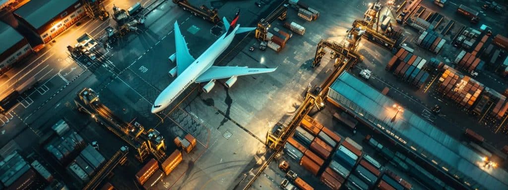 a dynamic urban logistics hub illustrates the challenges of duty-free export from nigeria to the uk, featuring sleek cargo aircraft and a modern cargo ship amidst a bustling warehouse, all under dramatic industrial lighting that emphasises the urgency of overcoming customs and regulatory hurdles.
