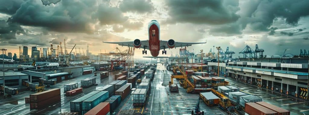 a dynamic urban logistics hub showcases a vibrant scene of an airplane and cargo ship ready for international shipments, surrounded by bustling warehouses, emphasising the streamlined and duty-free trade links between the uk and nigeria.