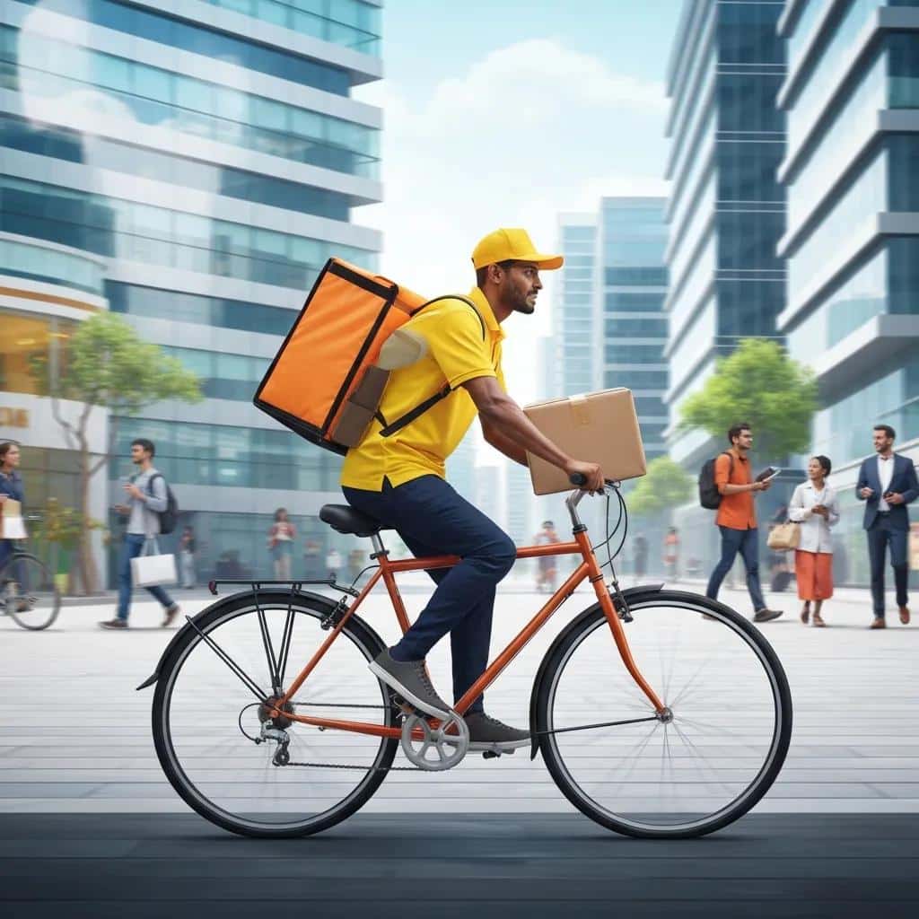 Delivery person carrying a parcel on a bicycle in a busy urban setting, symbolizing fast parcel delivery services