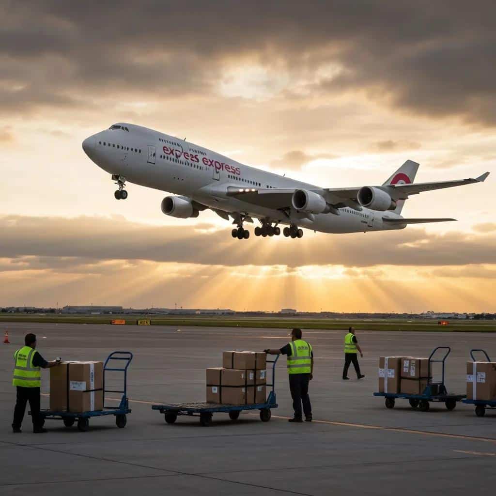 Express courier aircraft taking off at dusk, representing reliable international parcel movement