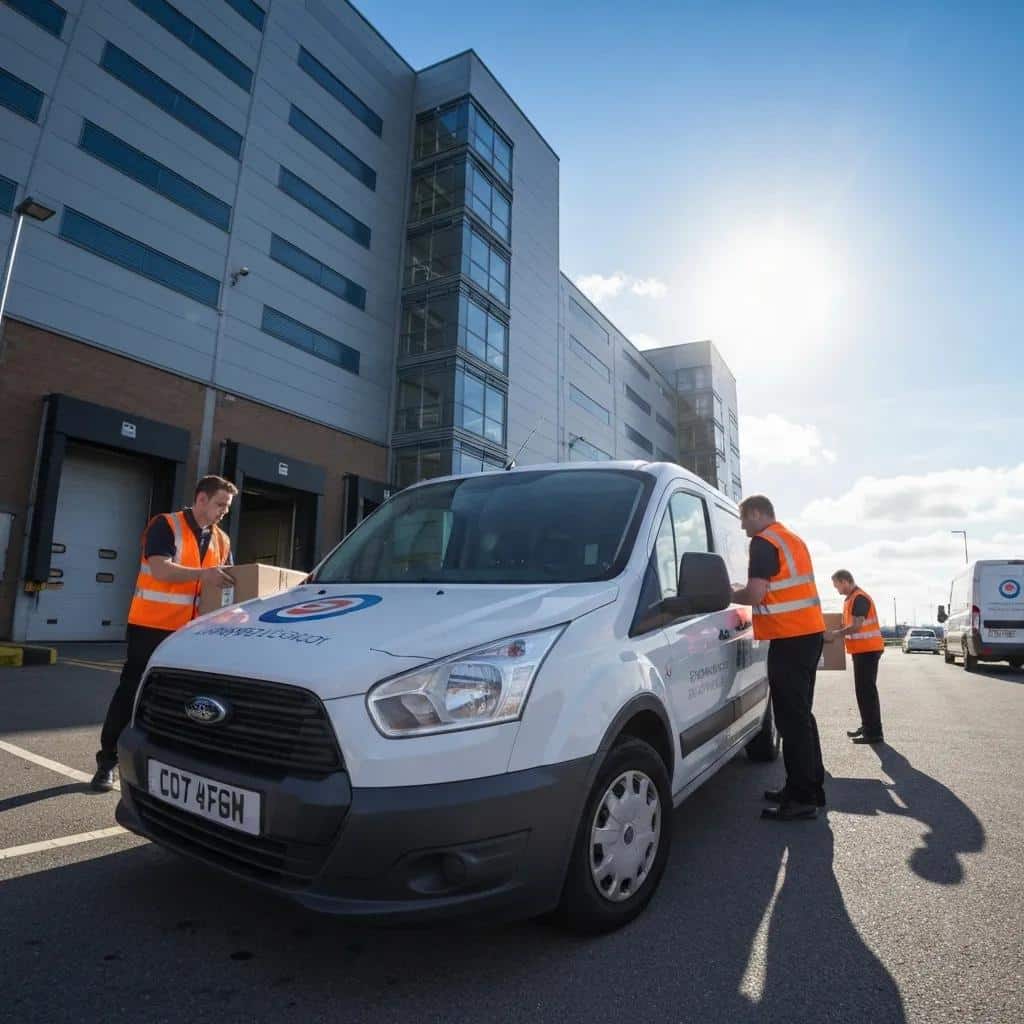 UK express courier vehicle parked at a warehouse, showing priority handling and hub operations
